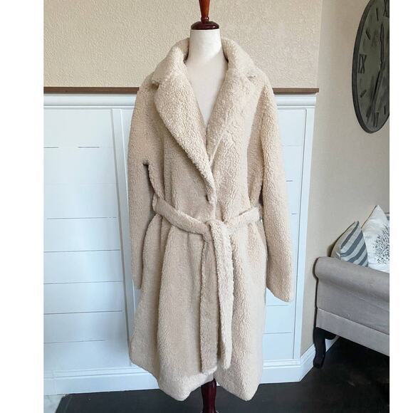 CIDER Longline Teddy Jacket Solid Belted Coat Khaki SZ L NWT - Picture 1 of 13